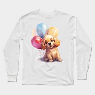 Golden Retriever Dog Holding Balloons Long Sleeve T-Shirt